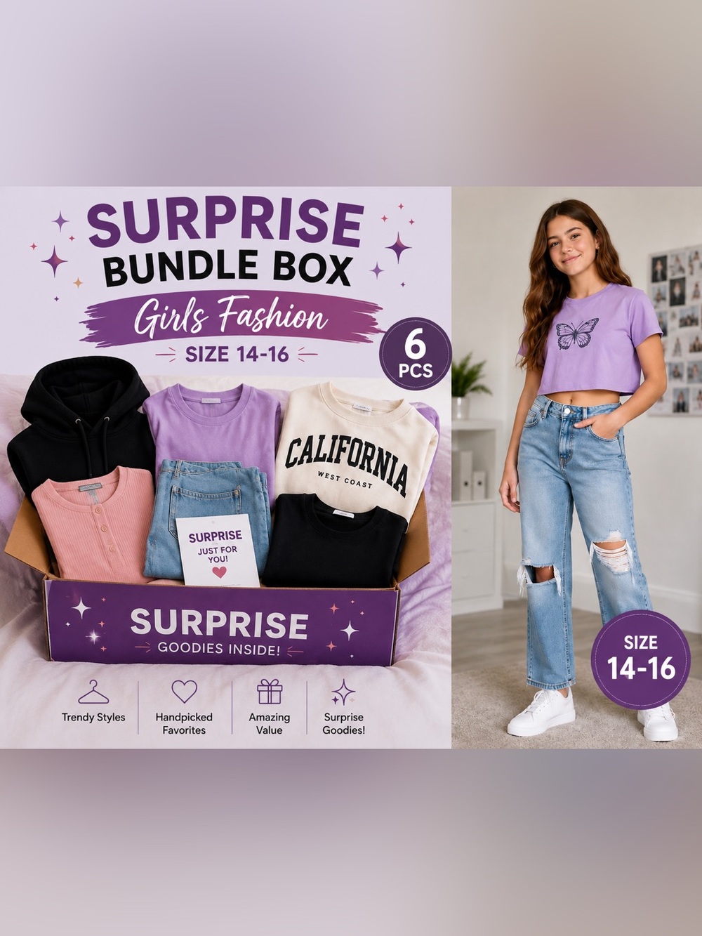 Girls Size 14-16 Surprise Fashion Bundle Box – 6 Piece Clothing Lot